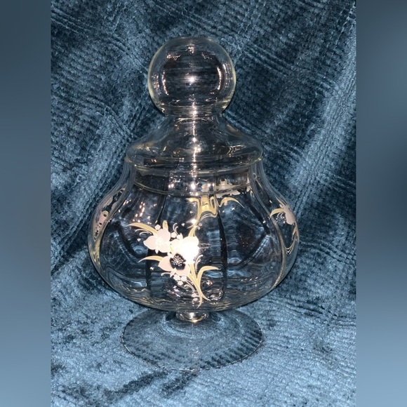 Vintage Pastel Floral Clear Glass Apothecary Pedestal Jar Round Bubble Potbelly - Picture 3 of 11